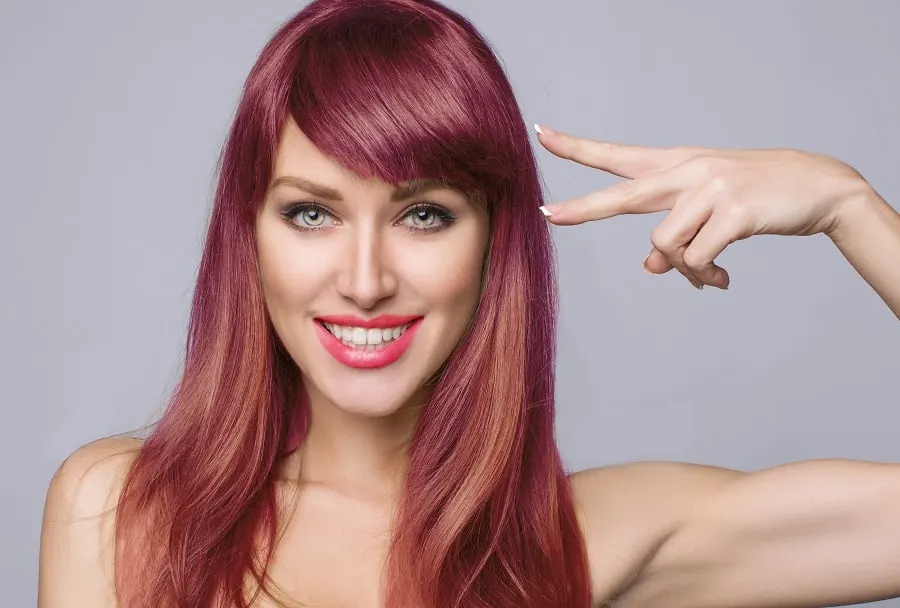 long wine red hair with side bangs