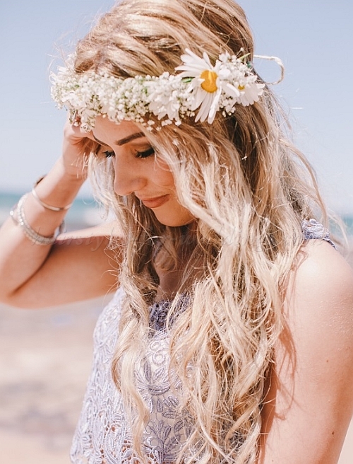 Beach Wedding Hairstyle with Floral Wreath