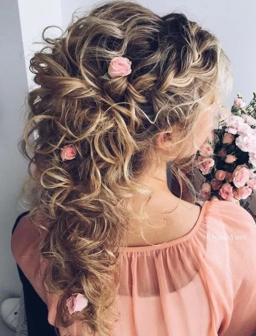 Curly Half Updo with Flowers