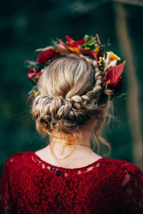 Boho Braided Updo with Fall Blooms and Leaves