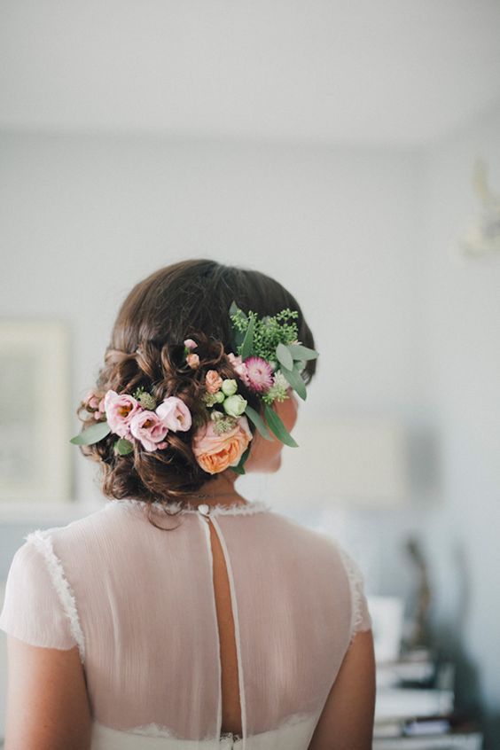 Curly Updo with Pastel Flowers