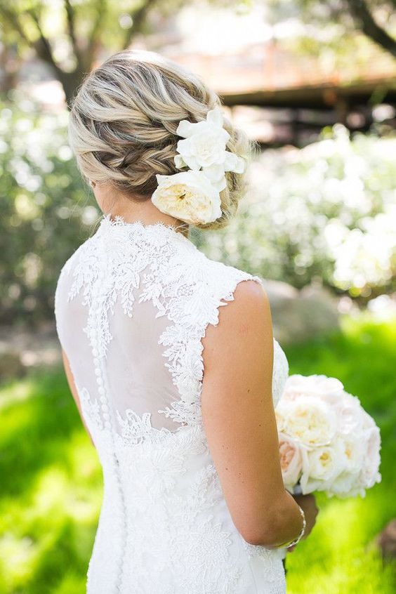 Side Swept Braided Updo with White Blooms