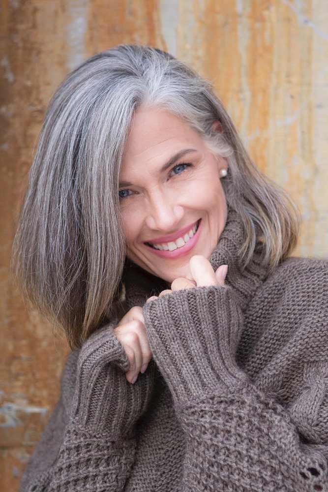 Side Swept Grey Long Bob