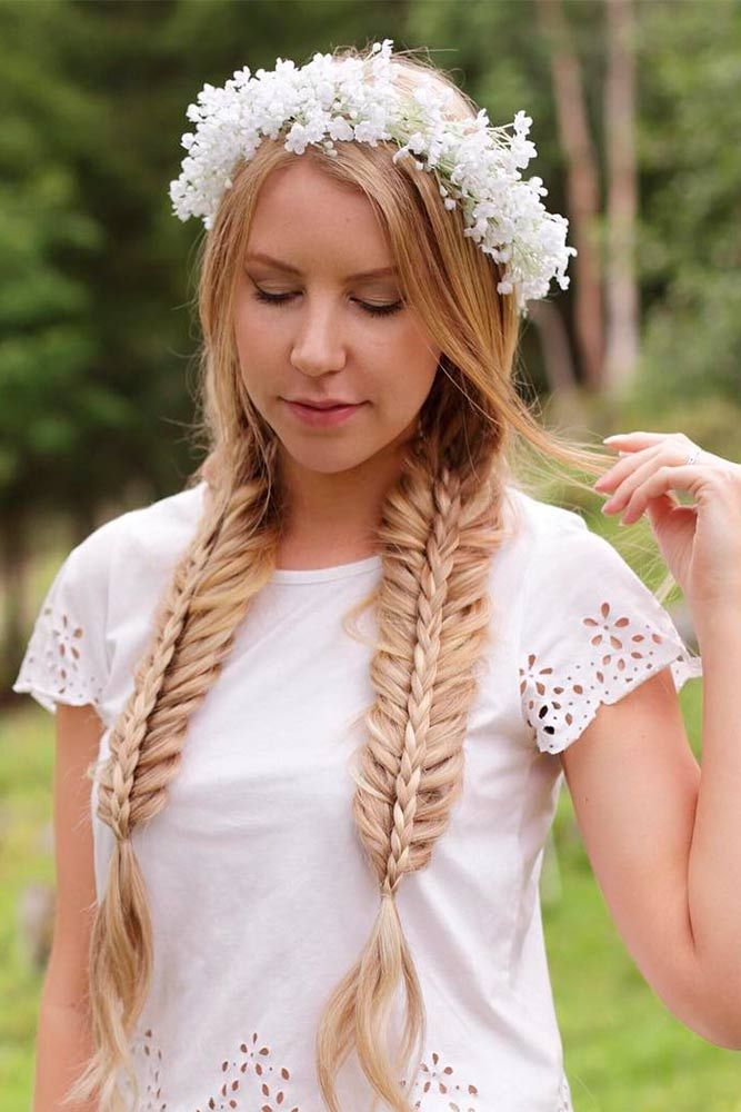 Pigtail Fishtail Braids with Floral Crown