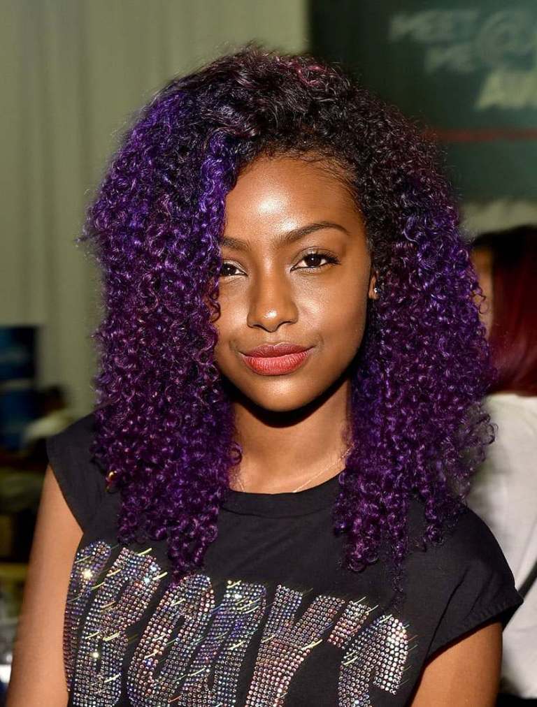 Purple Highlights on Dark Black Curly Hair