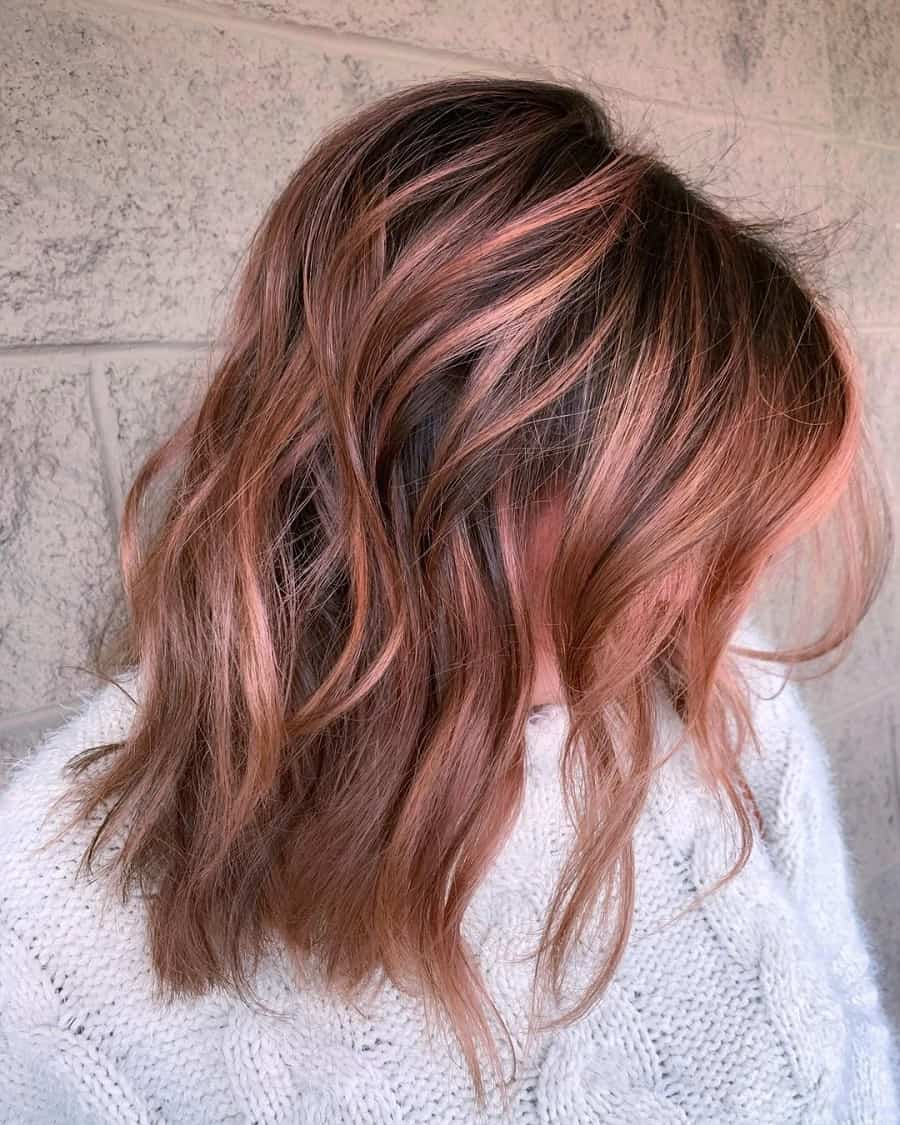 wavy lob with rose gold highlights