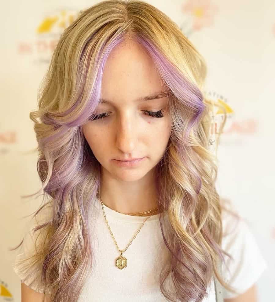wavy blonde hair with lavender purple highlights