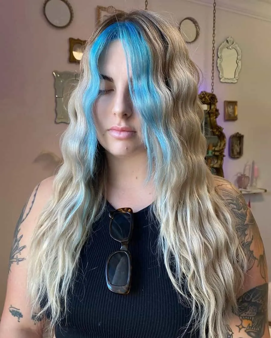 long blonde hair with pastel blue highlights