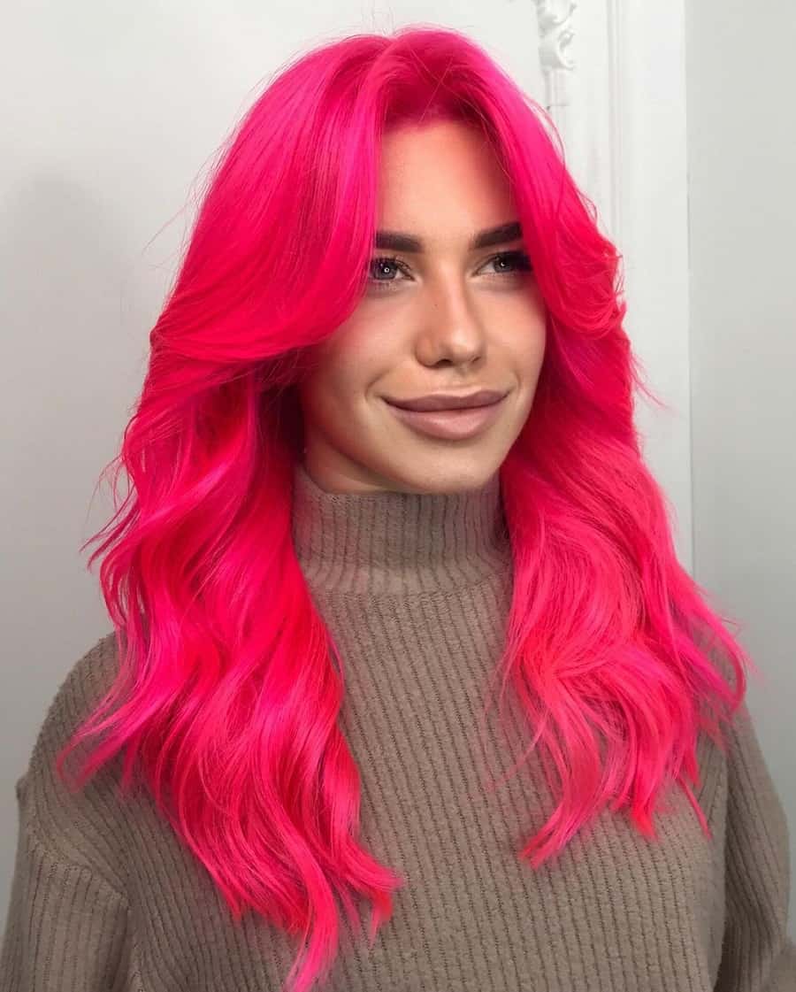 long pink hair with layered bangs