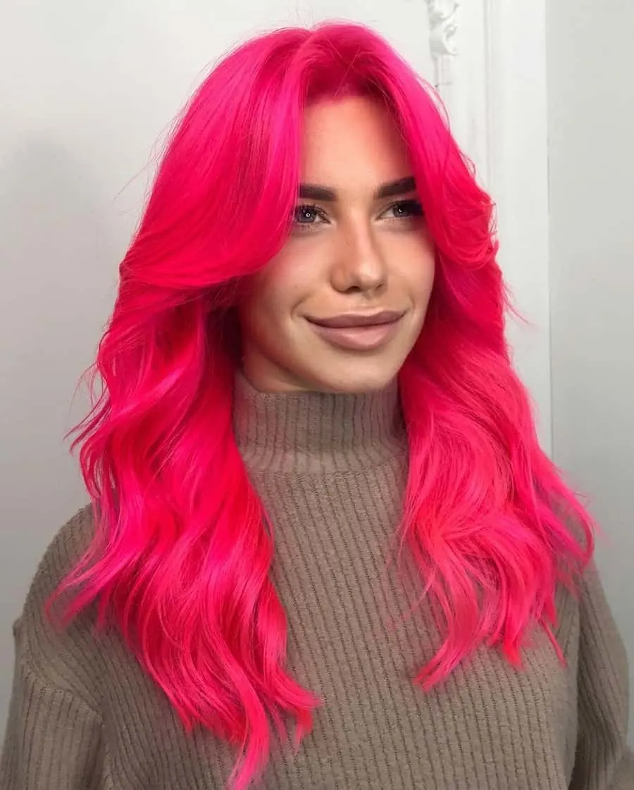 long pink hair with layered bangs
