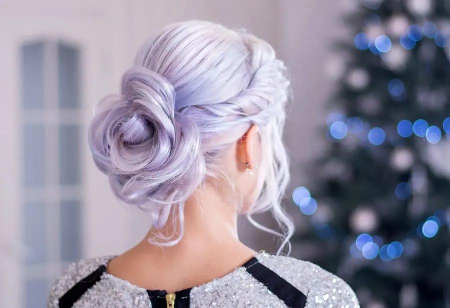 bun hairstyle with lilac hair