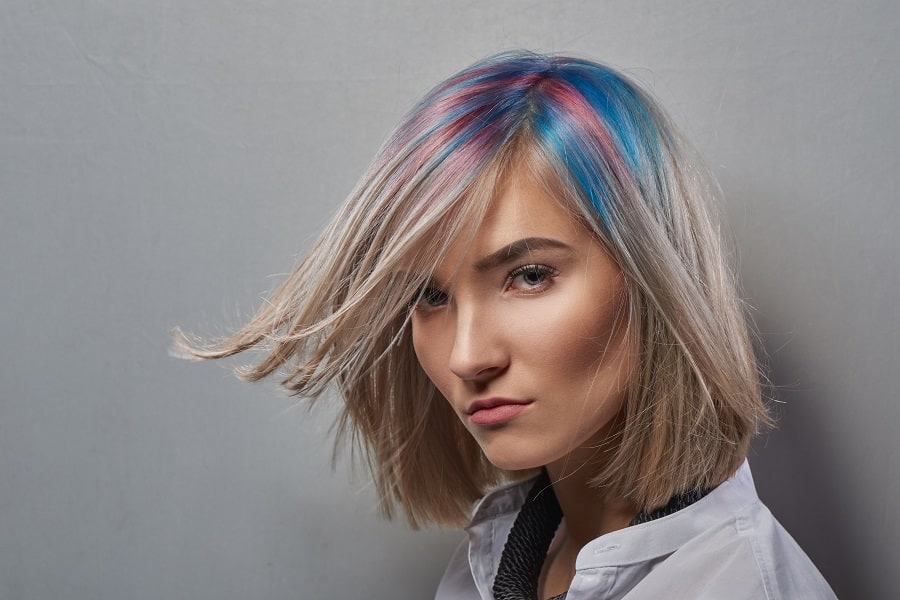 silver blunt bob with colorful highlights