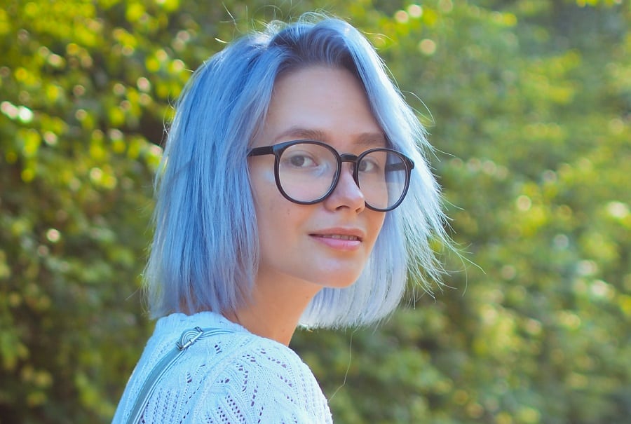 short blunt hairstyle with light blue hair