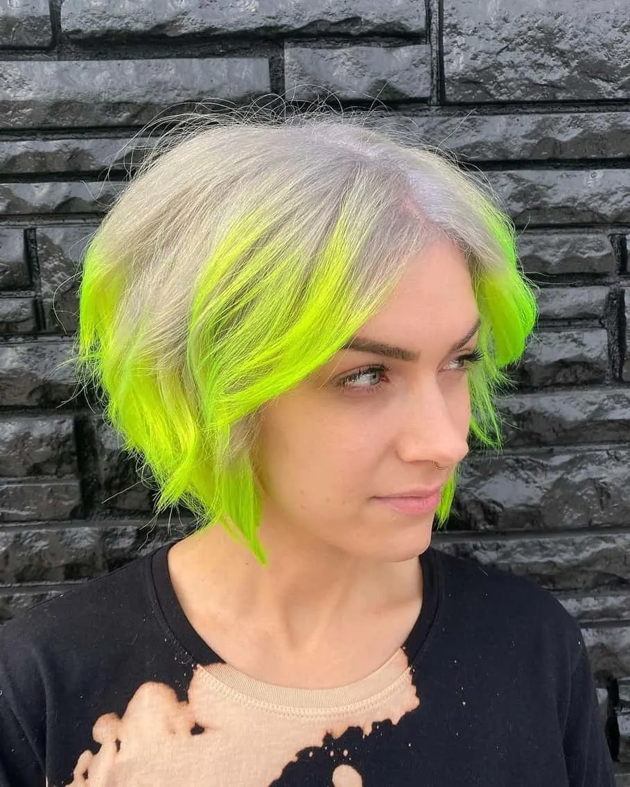 silver wavy bob with neon highlights