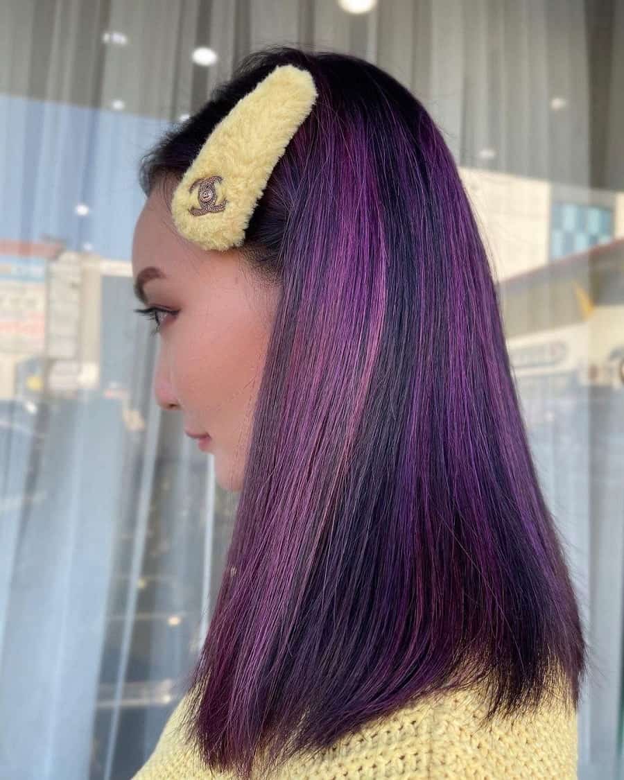 straight medium black hair with purple highlights