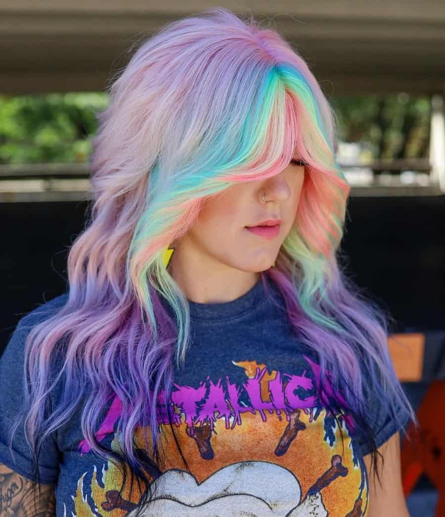 long shag haircut with colorful highlights