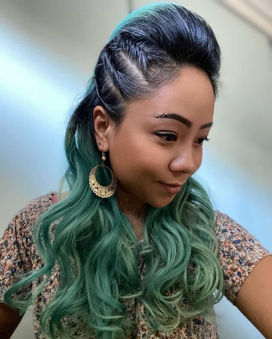 side braid hairstyle with pastel green ombre hair