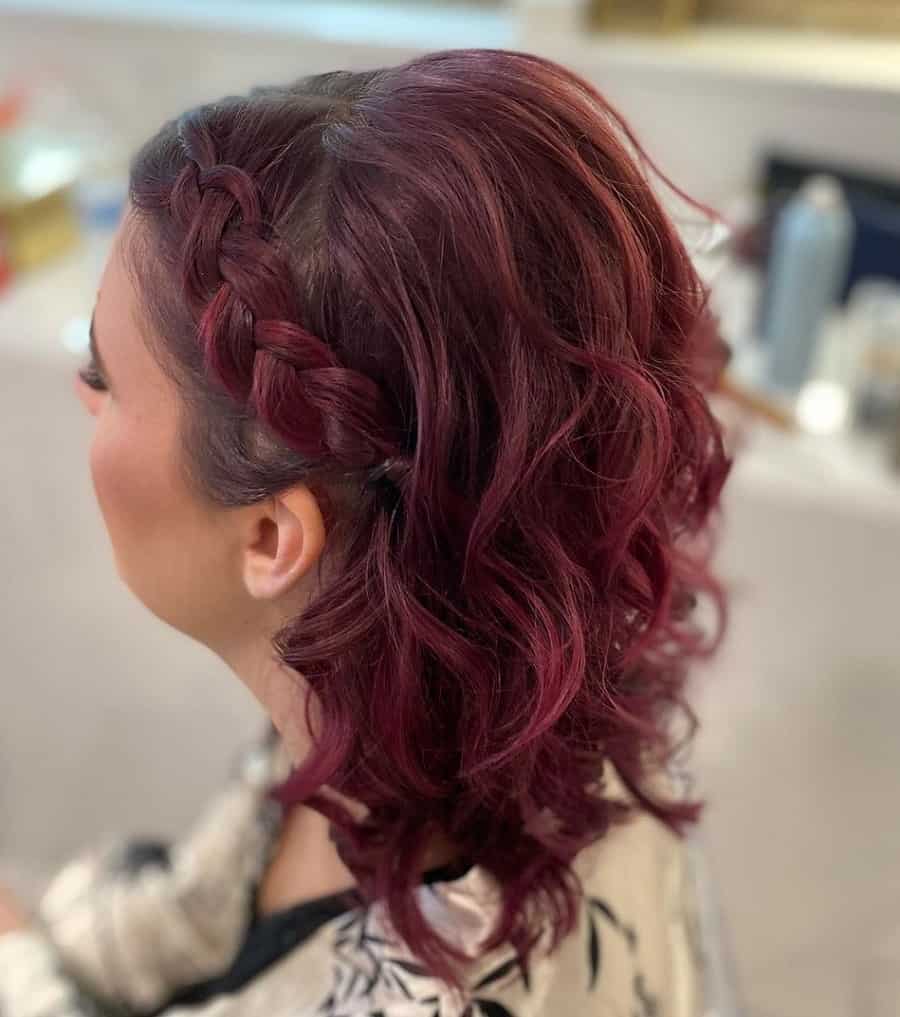 short burgundy hairstyle with side braid