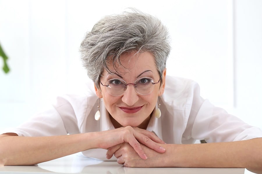 gray pixie for women over 50 with glasses