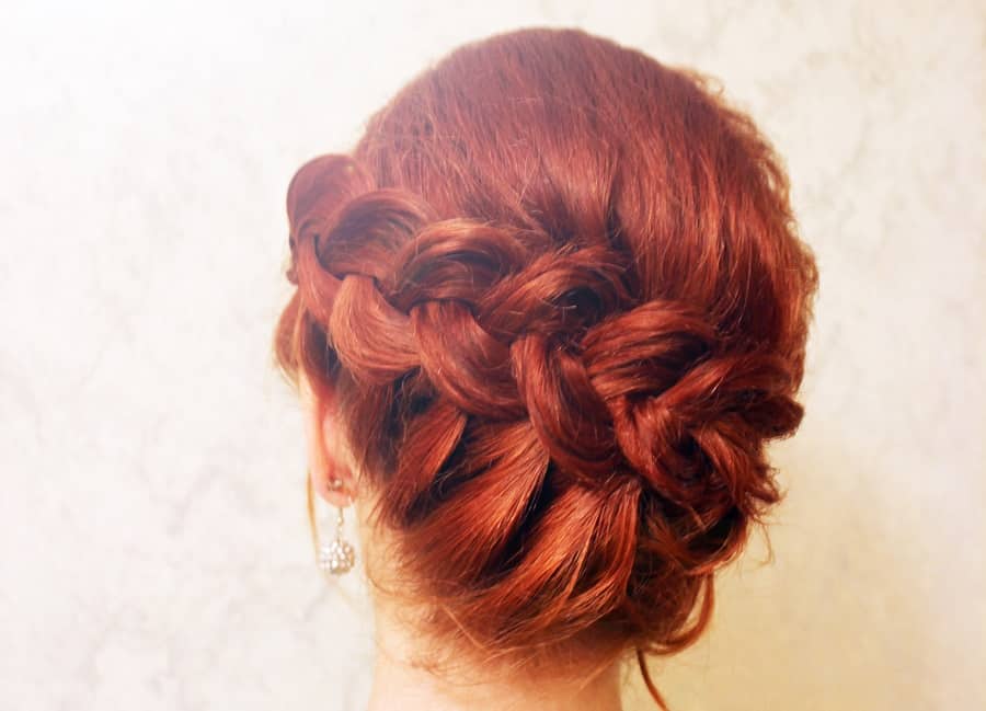 braided updo hairstyle for short red hair